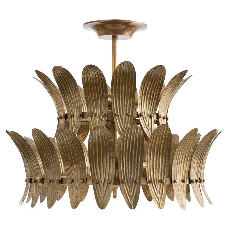 Two-tier chandelier of curved leaf-embossed plates in vintage brass