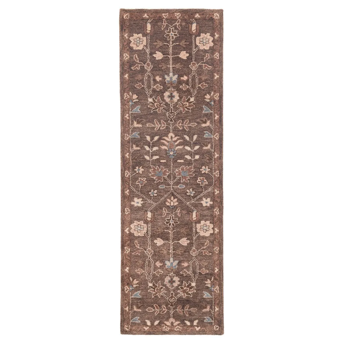 Aisley French Country Brown Wool Floral Patterned Rug - 2'6"x8'