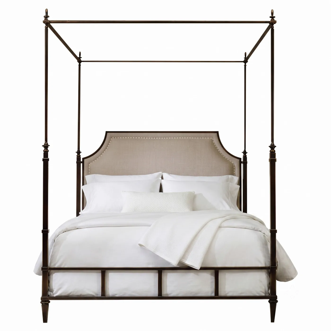 Arden Updated Traditional Cream Linen Bronze Metal Canopy Bed - King