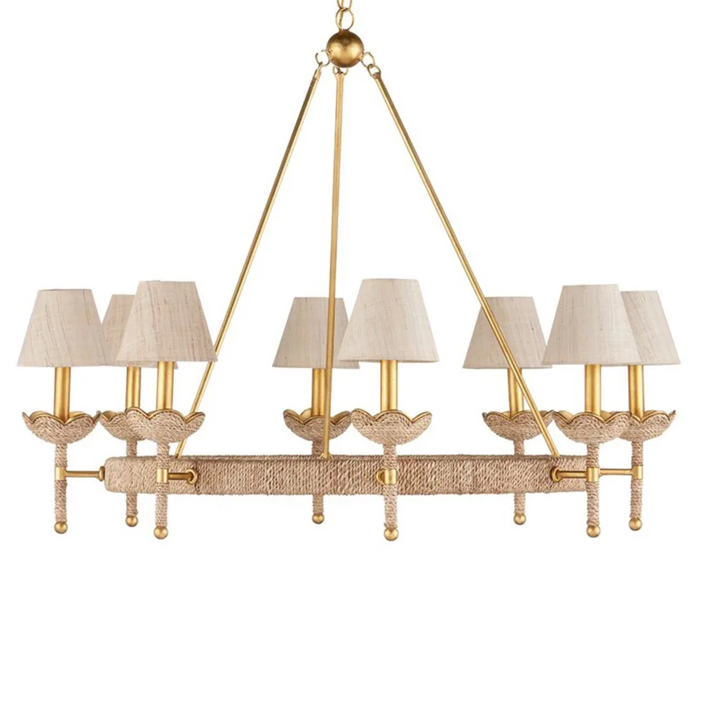 Bellatrix French Country Natural Woven Abaca Gold Iron Chandelier