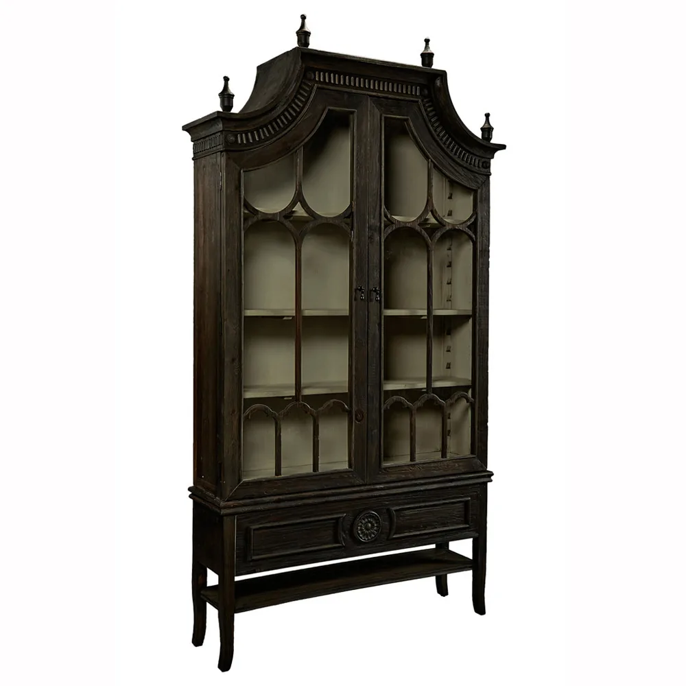 Bien French Country Black Wood Glass Cathedral Arched Cabinet