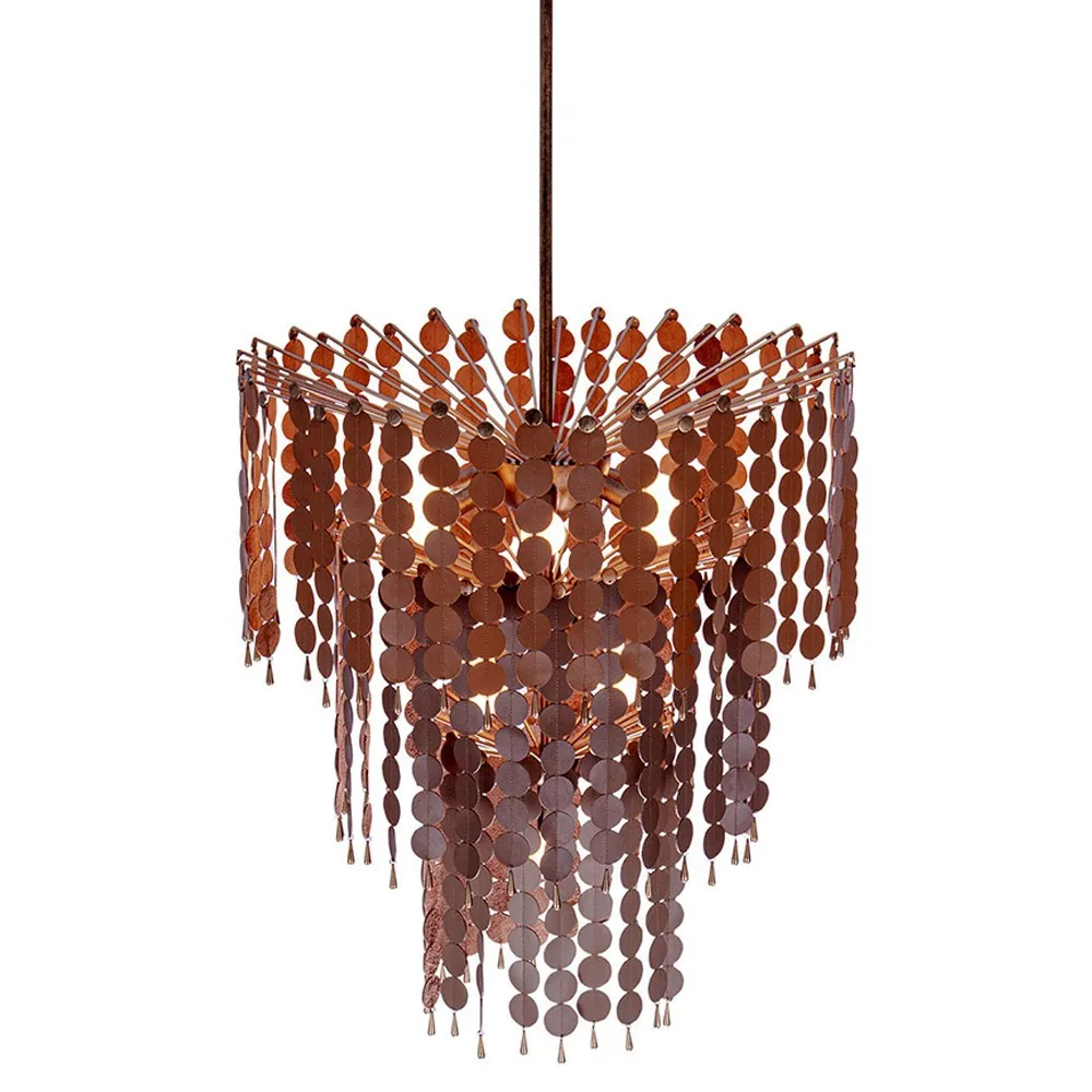 Celine Modern Brass Leather Disc Cascading Chandelier