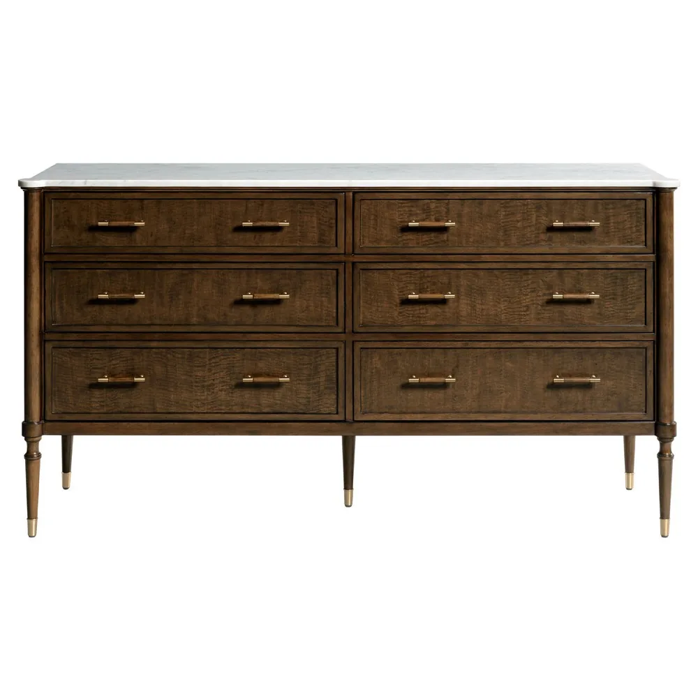 Melrose French Country White Carrara Marble Brown Wood Double Dresser