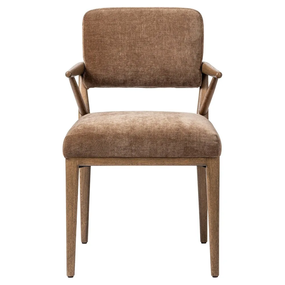 Rory Rustic Lodge Brown Velvet Oak Dining Arm Chair