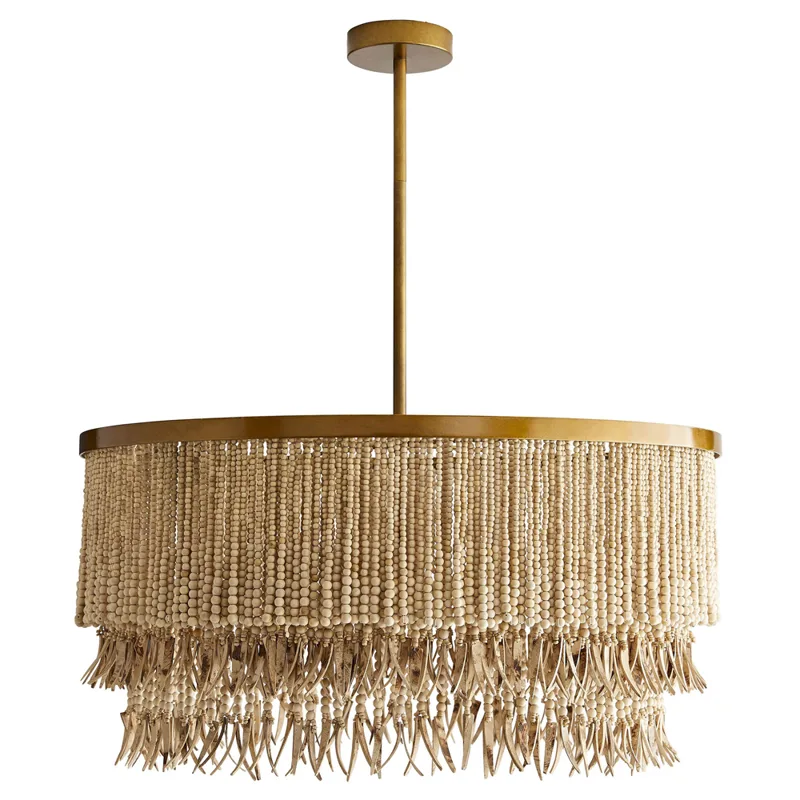 Chandelier with layered natural coco bead strands on an antique brass frame