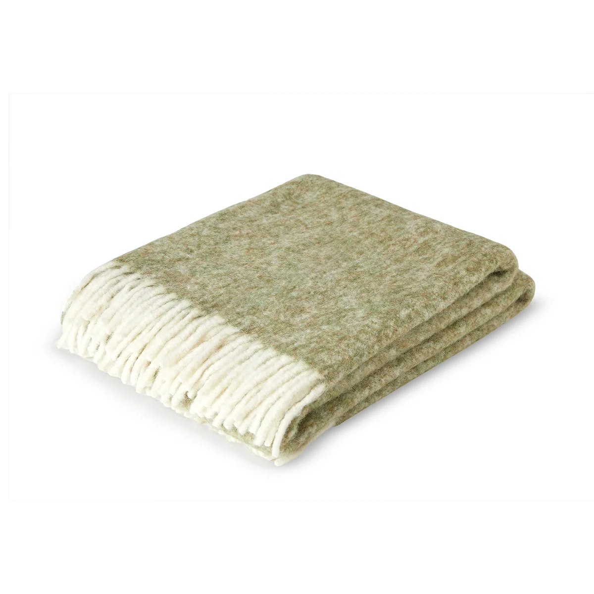 Folded sage green alpaca and wool throw with cream fringe