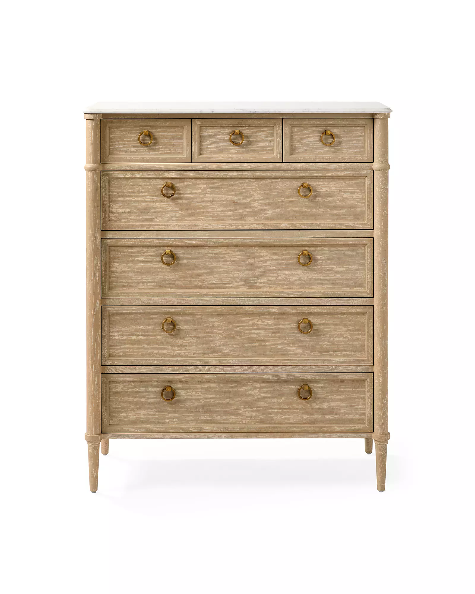 Tall cerused oak dresser with marble top and brass ring pulls