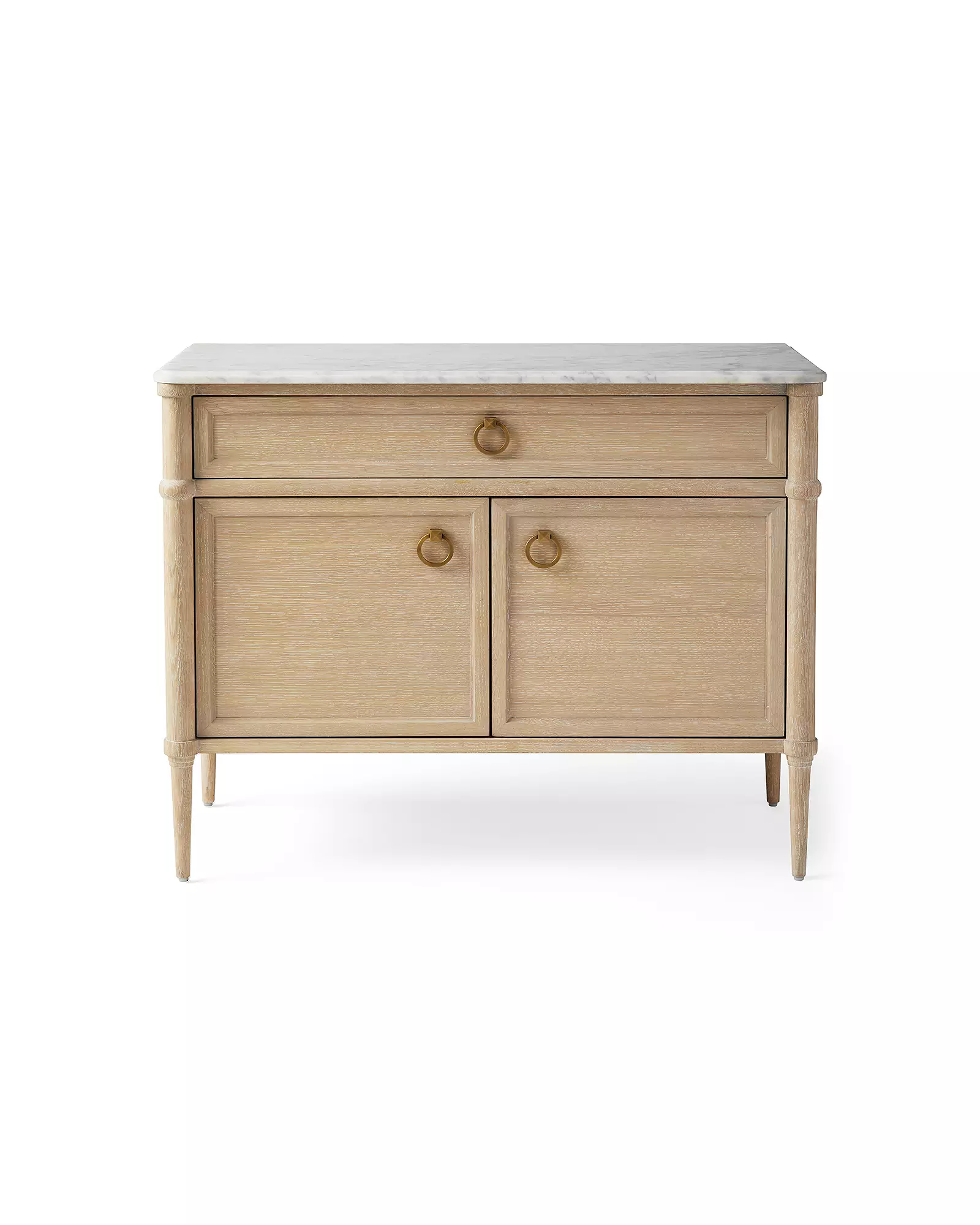 Cerused oak nightstand with marble top and brass ring pulls