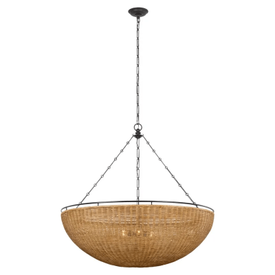 Woven wicker dome chandelier on an aged iron chain