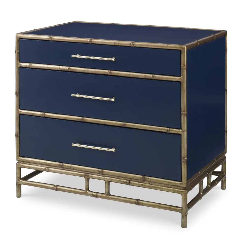 Three-drawer nightstand with chinoiserie detailing