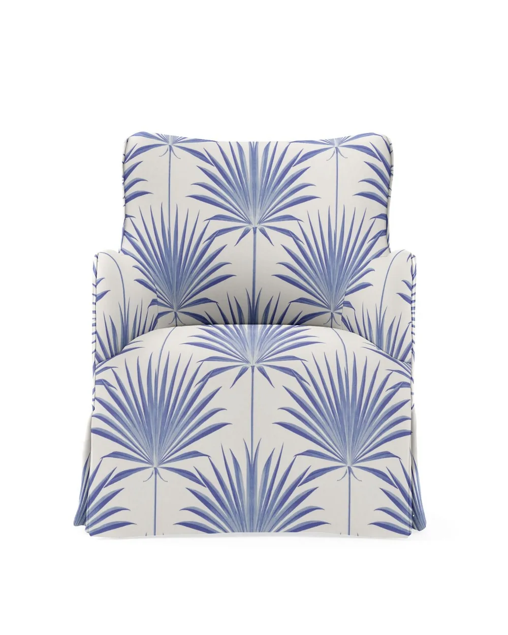 Swivel chair upholstered in a blue palm print