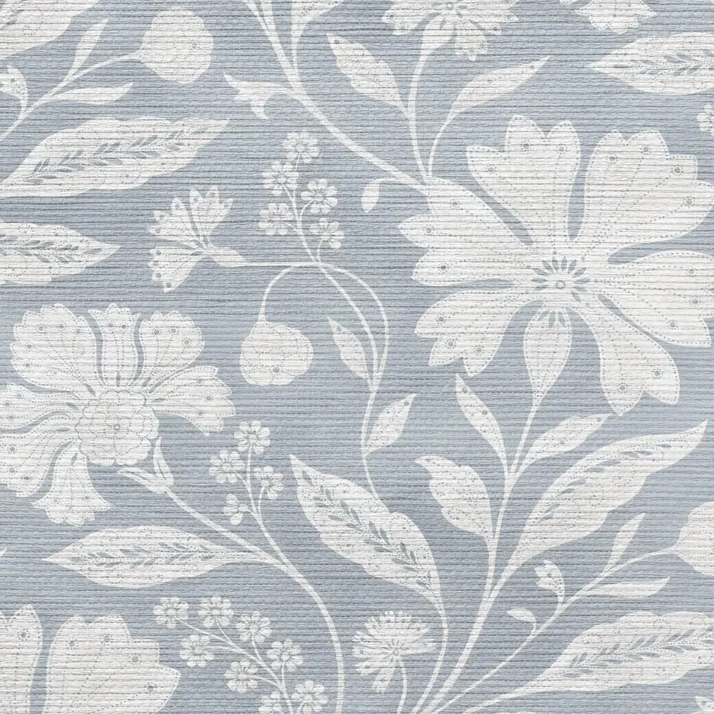Botanical garden print on grasscloth in harbor blue and off-white