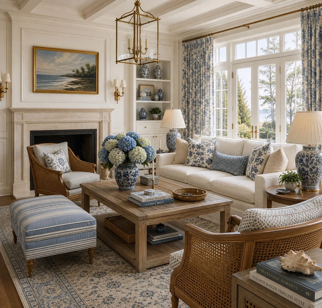 Coastal Estate living room: coffered ceiling, panelled walls, cast-stone fireplace with flanking built-ins, and French doors on the right