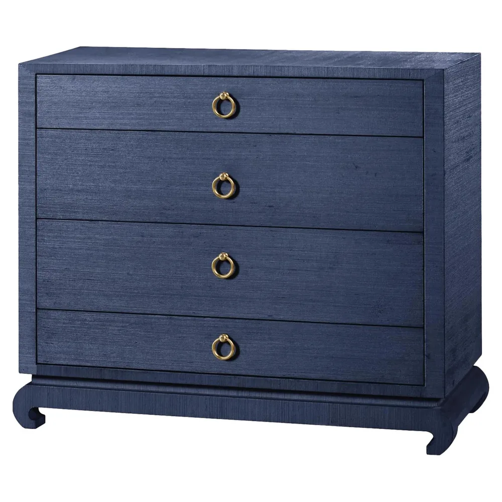 Four-drawer dresser wrapped in navy grasscloth on chow feet