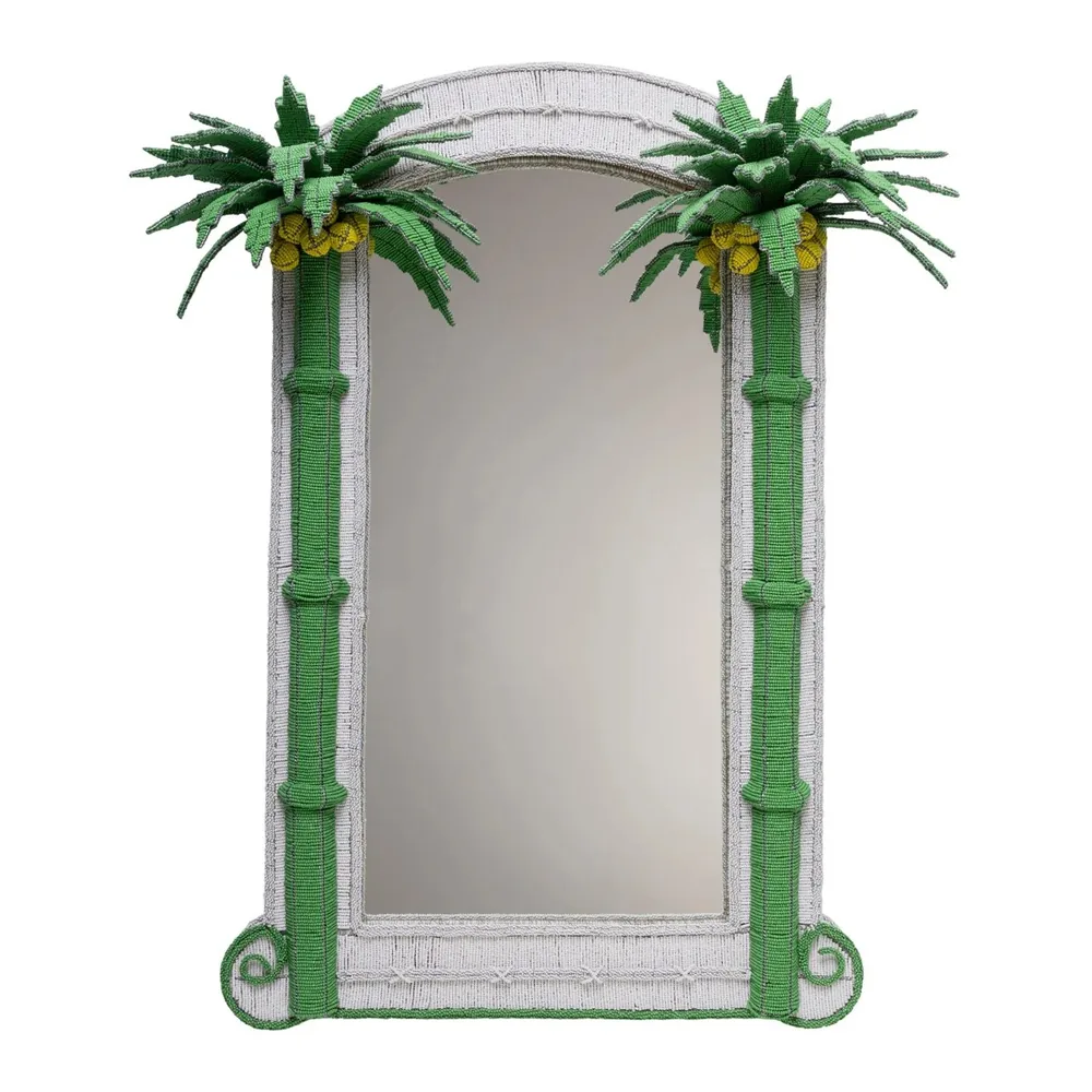 Hand-beaded palm mirror with green palm supports