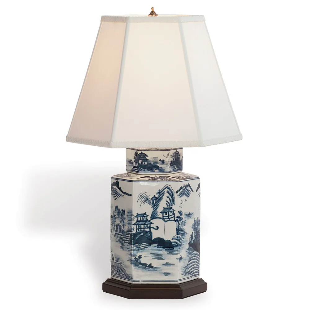 Blue and white Canton porcelain table lamp with a pale shade