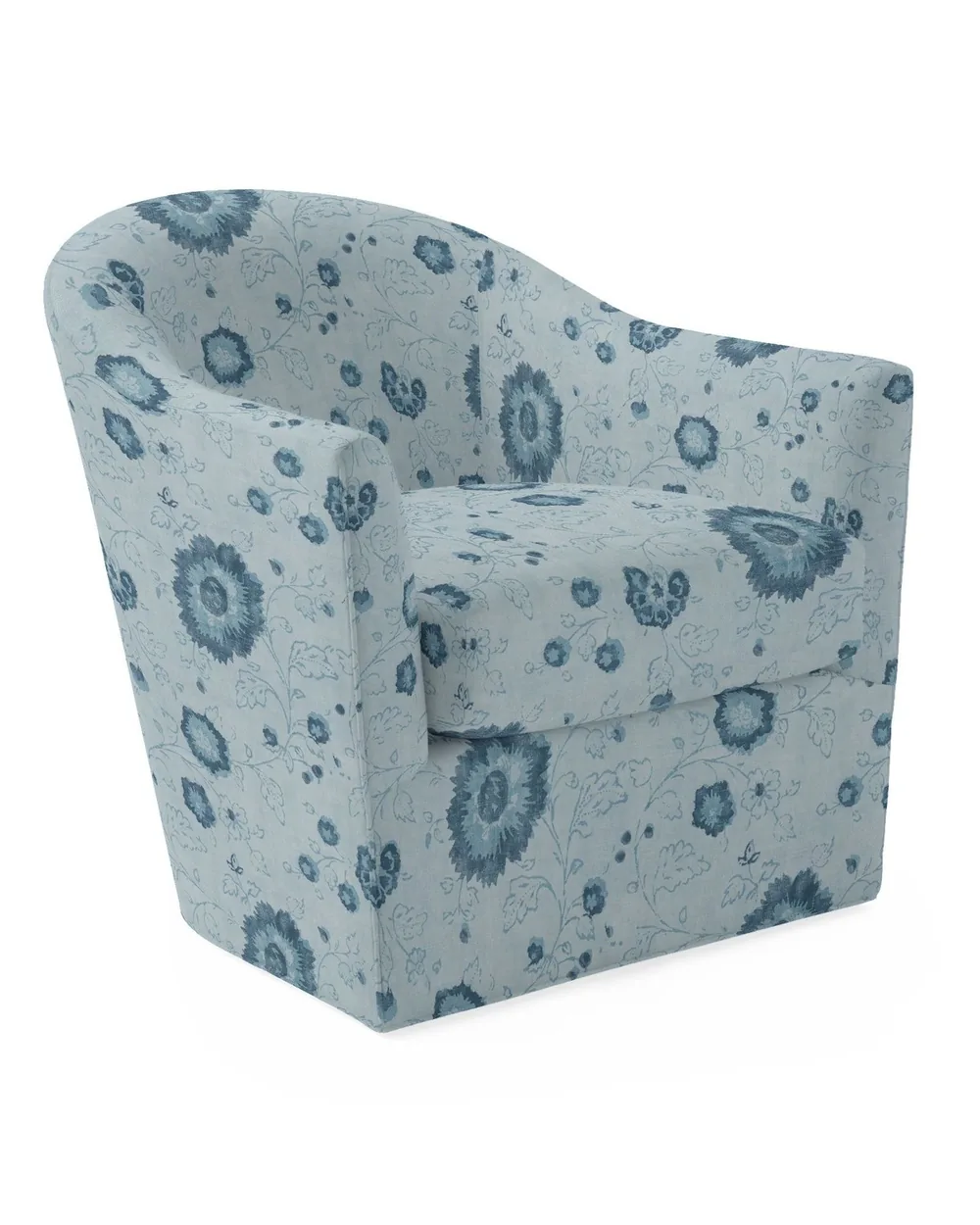 Swivel chair upholstered in a soft blue medallion print