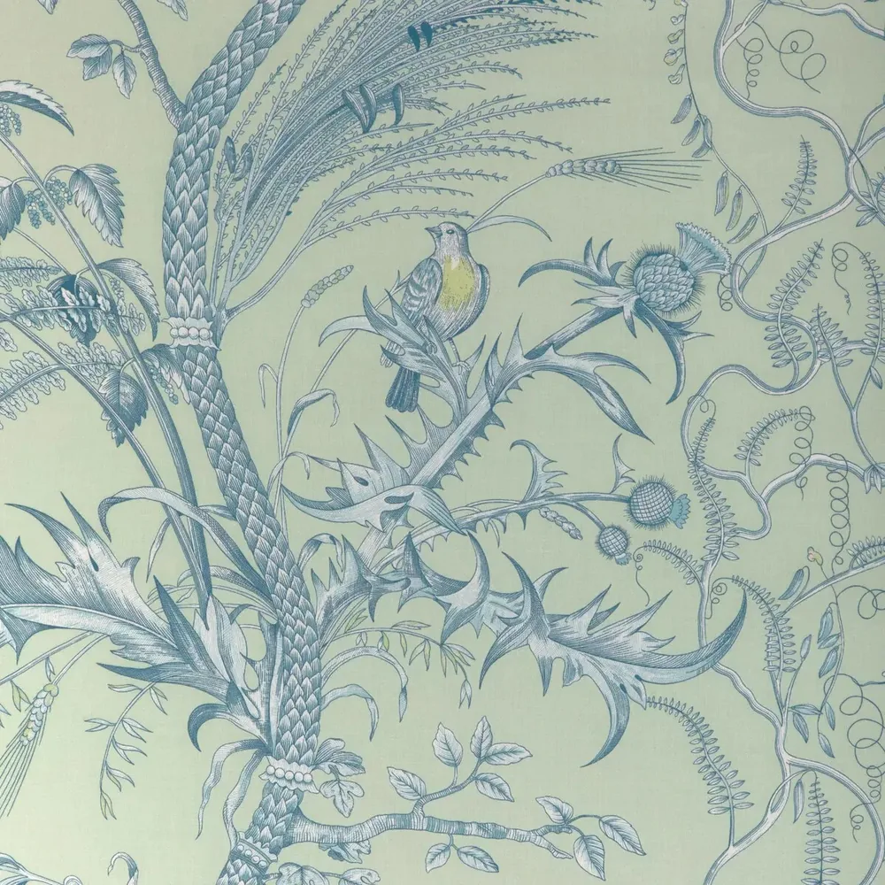 Chinoiserie wallpaper with birds and foliage on a pale ground