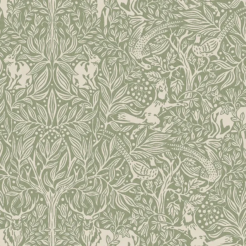 Sage green wallpaper with cream hares, pheasants and stags among foliage
