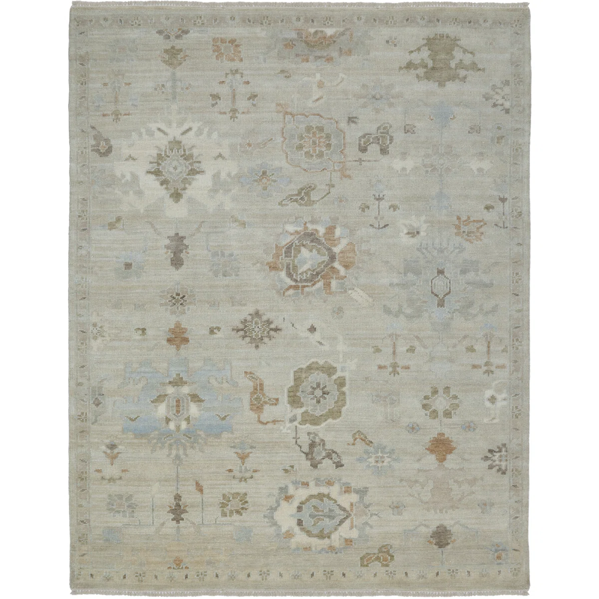 Hand-knotted wool rug with sand ground and sage, blue and rust motifs