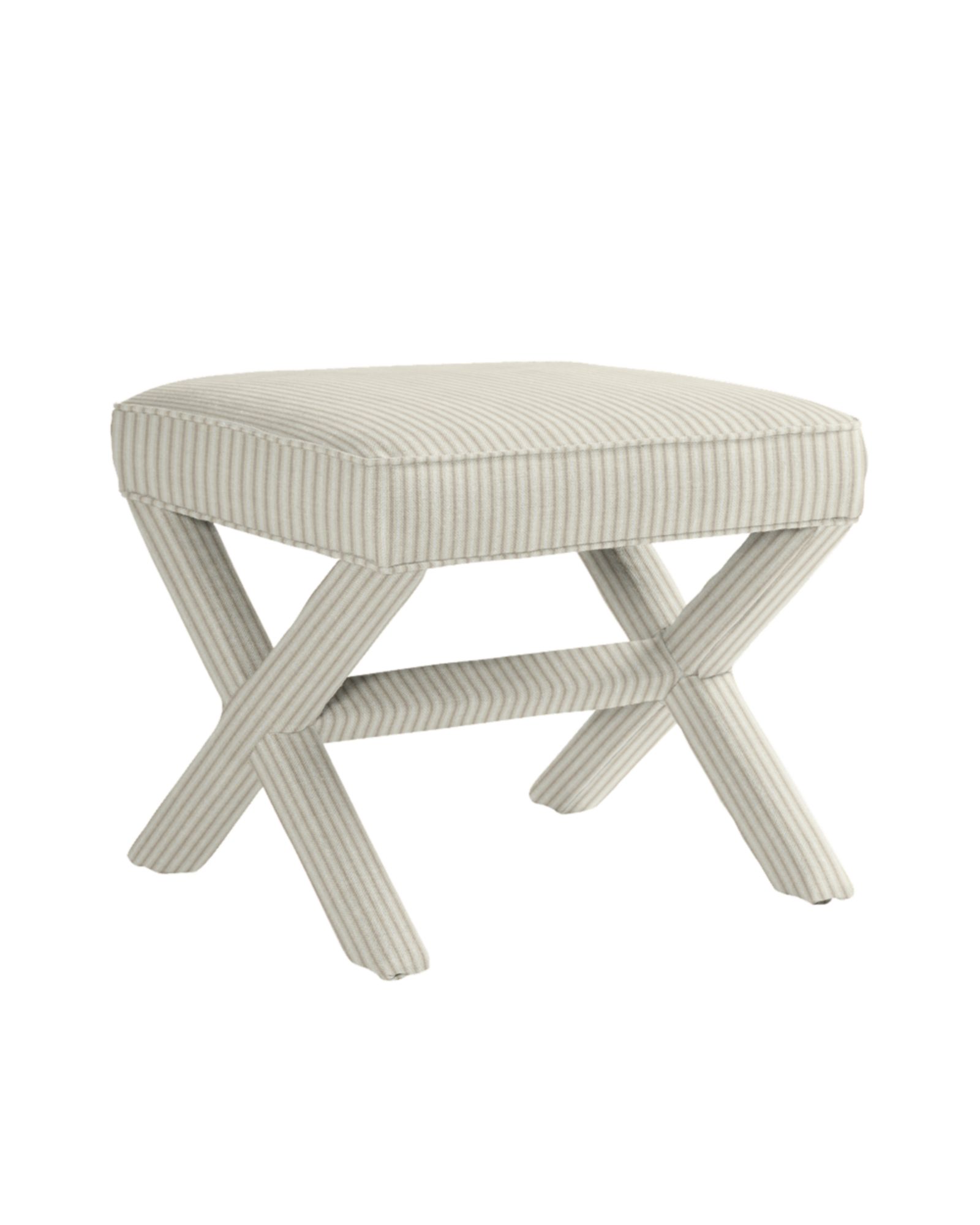 Upholstered X-base stool in a soft grey and cream stripe