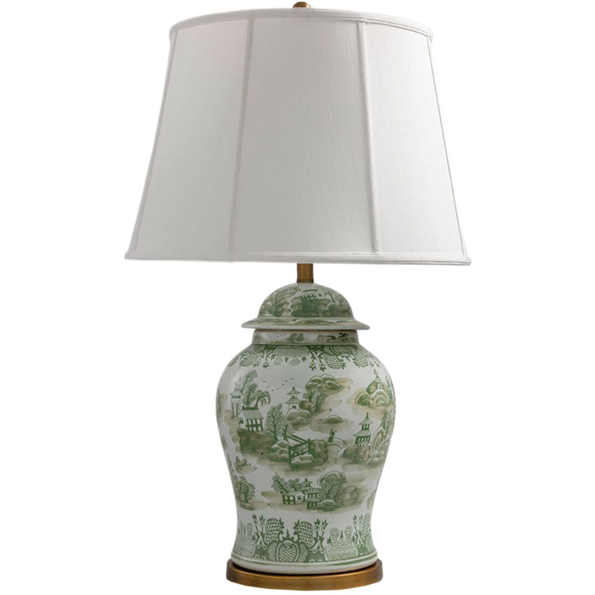 Green and white ginger jar table lamp with brass base and white shade