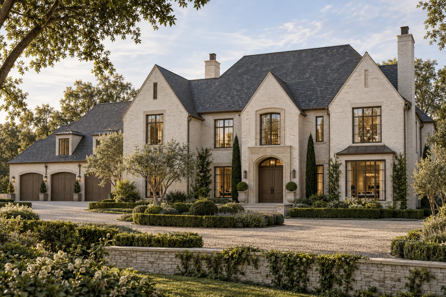 Sunlit Studio Normandy Belgian estate featuring mineral-white masonry, charcoal slate roofing, taupe-bronze windows, and a three-car garage.