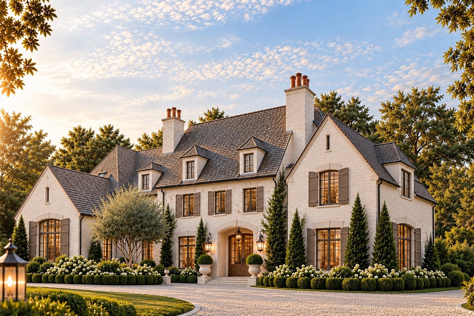 Marlowe — a two-storey estate with a strong vertical architectural read, dormers set into a steep slate roof, tall narrow windows and an arched wood entrance