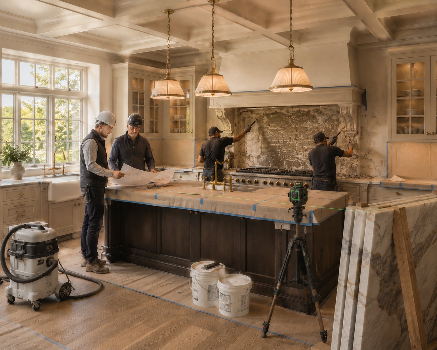 Foreman and tradesperson reviewing plans on a luxury kitchen jobsite