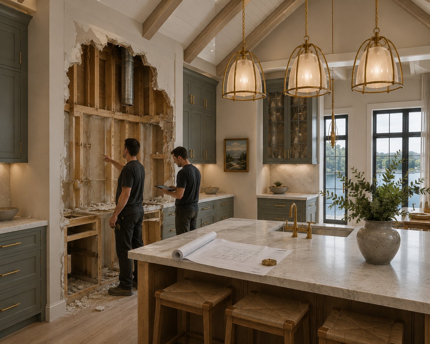Torn-out range wall mid-rework, tradespeople reviewing the change on a luxury kitchen jobsite