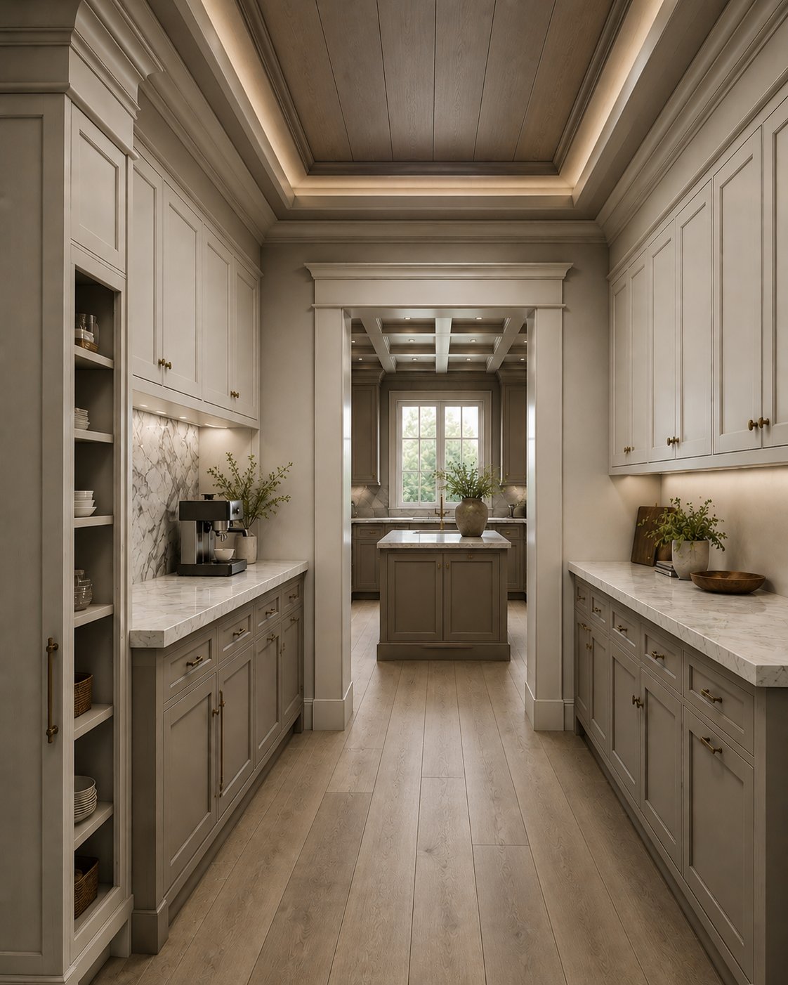An axial sightline through a butler's pantry corridor to the kitchen island and window beyond, flanked symmetrically by cabinetry