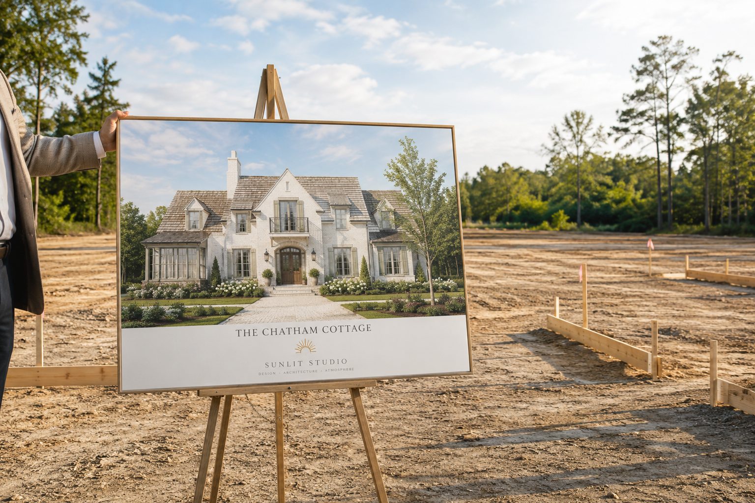 A finished Sunlit home rendered on a presentation board at a staked-out lot — seen before the first shovel