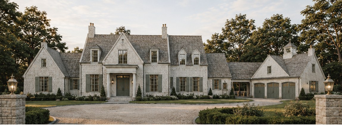 Chatham Estate — a 7,000 sq ft New England estate with milky white cedar shingles, weathered gray cedar roof, and a three-car garage with cupola