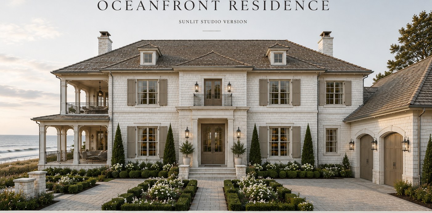 Harbor House — a 3,900 sq ft oceanfront residence with white painted brick, warm limestone, and aged bronze detailing