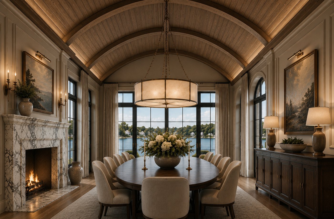 Atlantic House Dining Pavilion — smoked oak barrel-vault ceiling, Arabescato Corchia marble fireplace, and an aged-bronze alabaster chandelier over the dining table