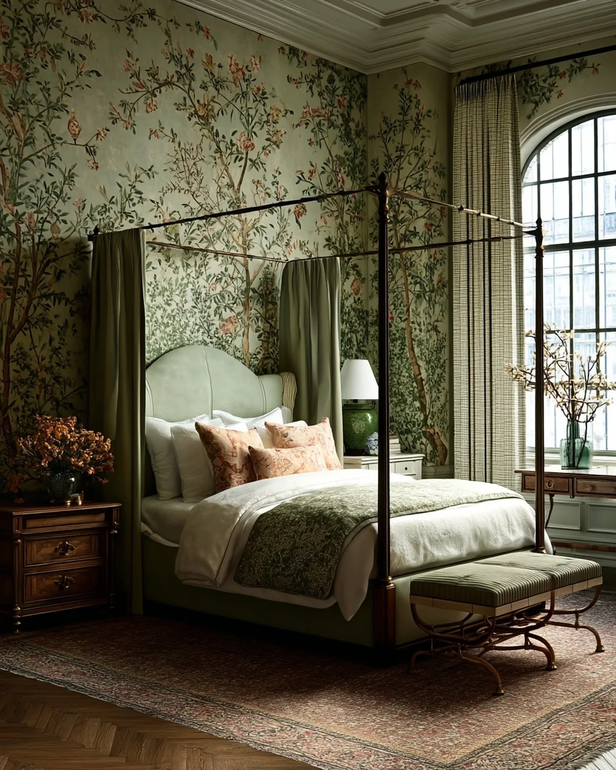 Bedroom with patterned wallpaper and layered bedding