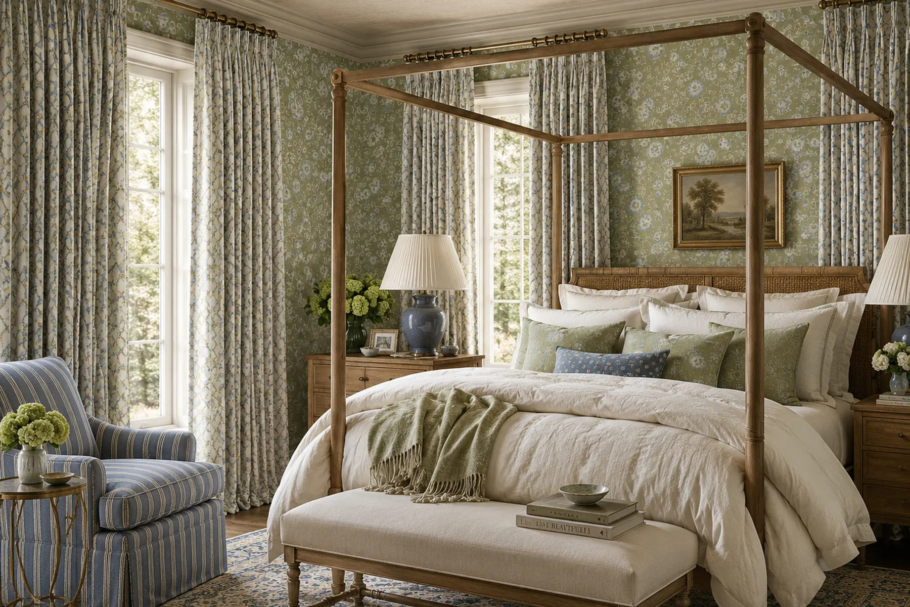 Bedroom with a wood canopy bed, green floral wallpaper and a striped chair
