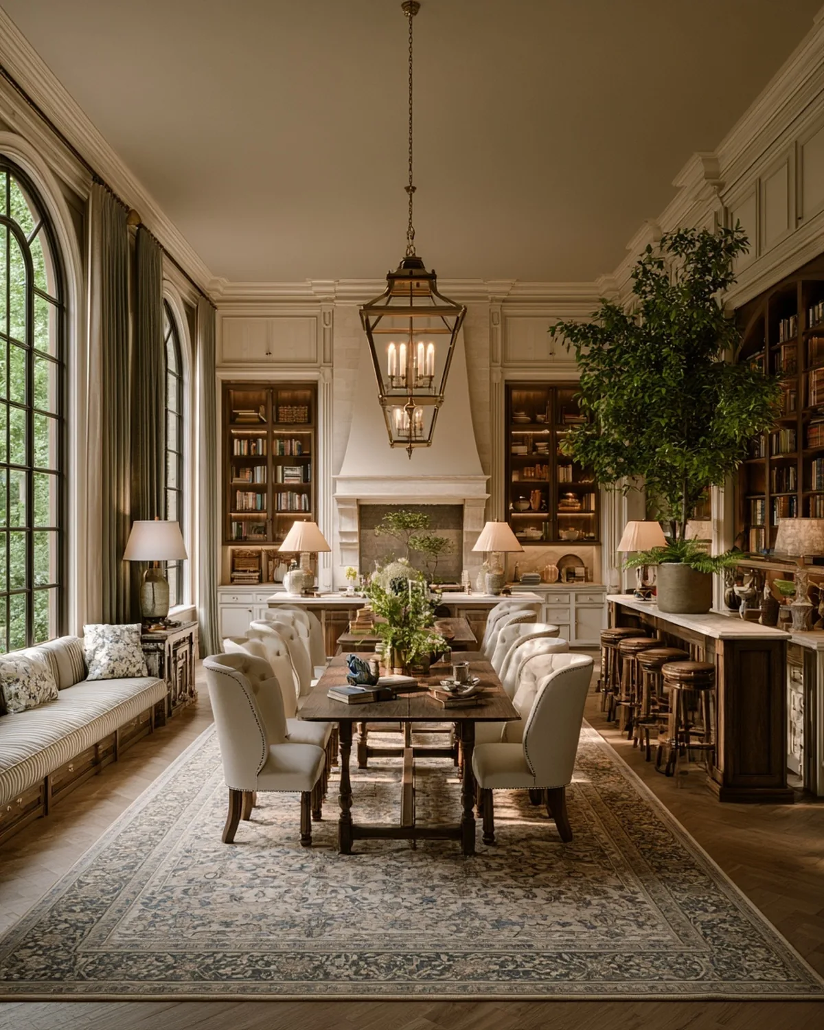 Dining room with an oak table and rush seat chairs
