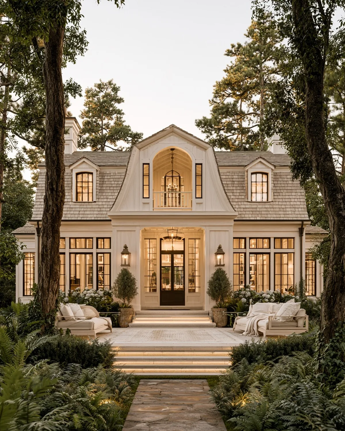 Symmetrical house with a gambrel roof and lantern-lit entry