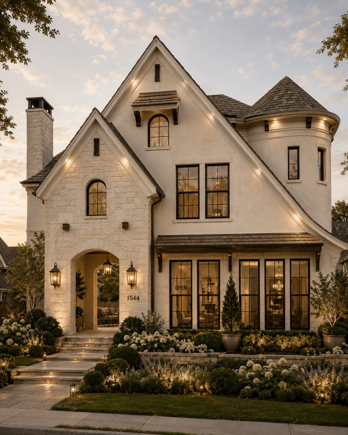 Stone and stucco house with a turret and a cedar roof