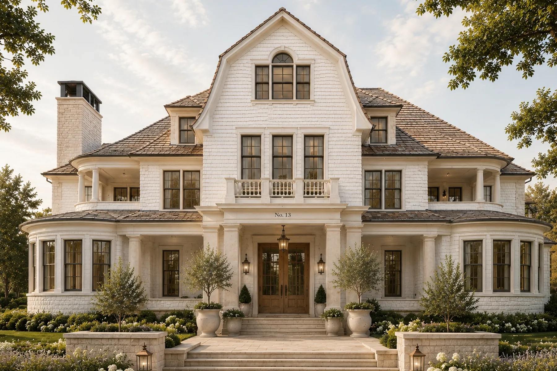 White shingle house with a gambrel roof, columned porch and stone terrace
