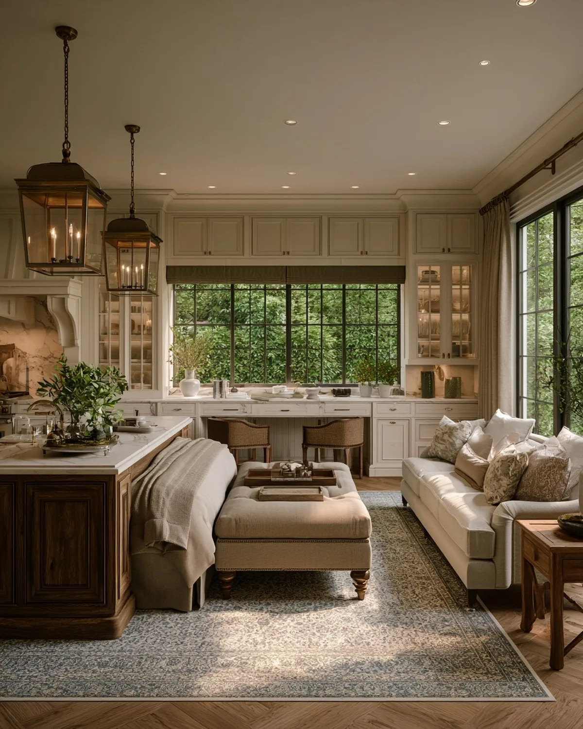 Kitchen opening to a seating area, brass lanterns over a dark oak island