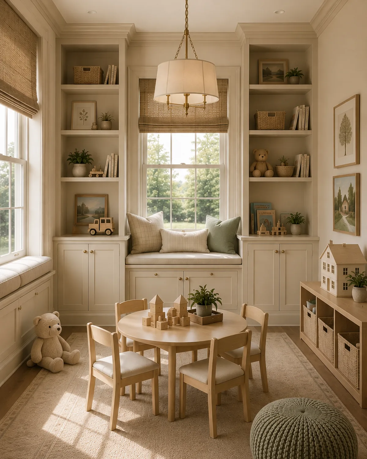 Playroom with built-in shelving, a window seat and a small round table