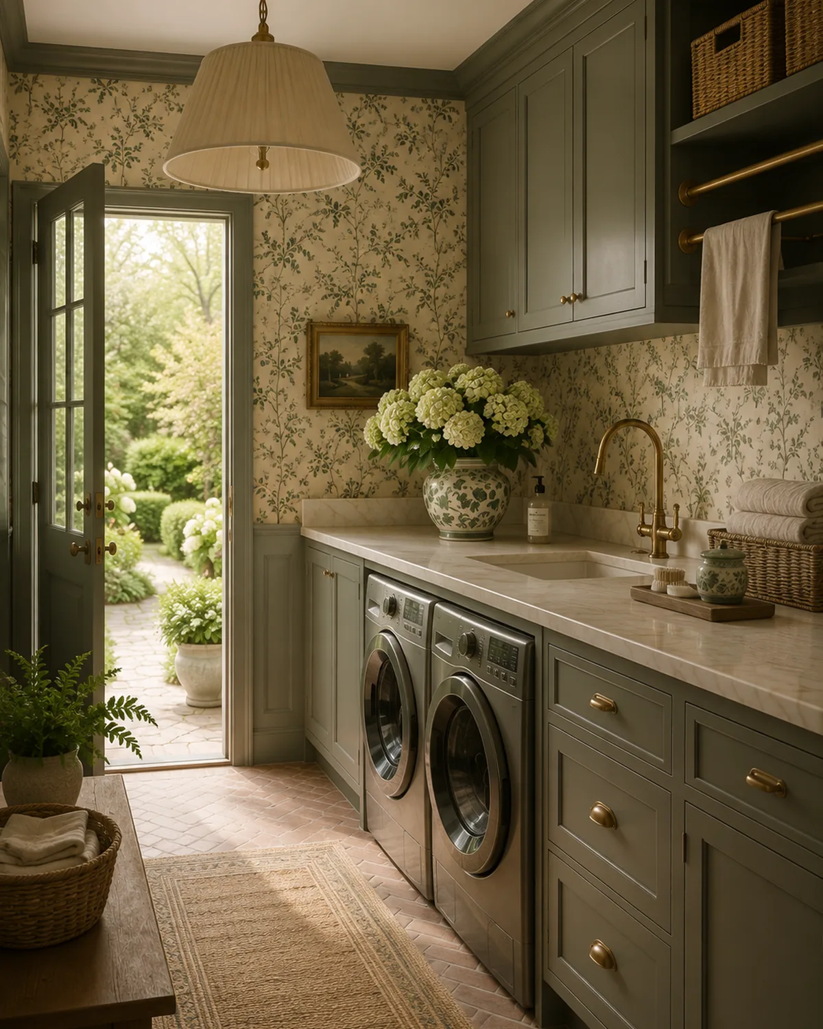 Laundry room with sage cabinetry and a door open to the garden