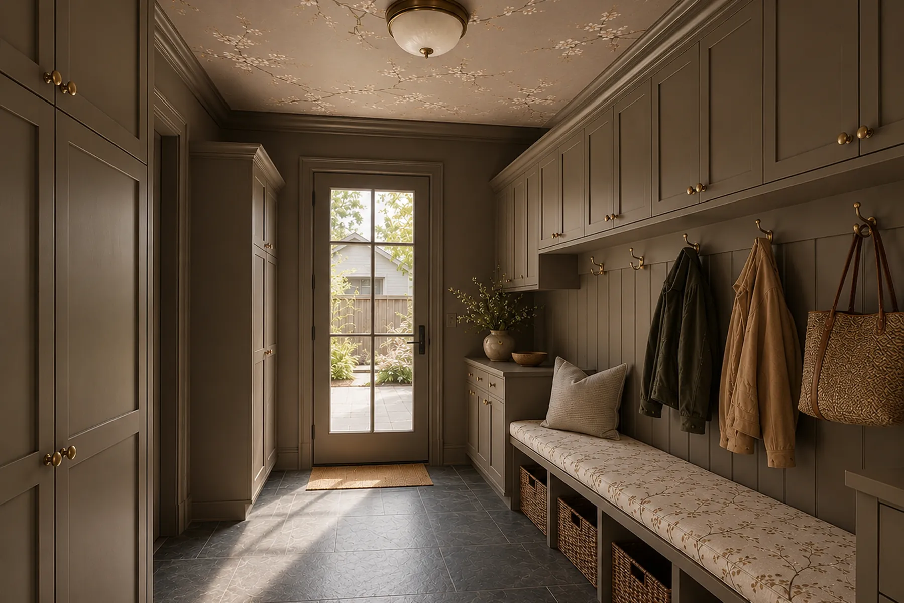 Mudroom in taupe with a papered ceiling and a bench with baskets