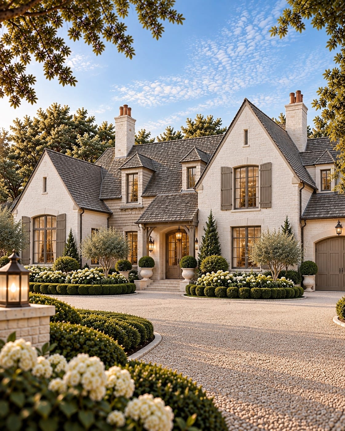 Bellamy — a balanced family-estate composition in ivory masonry, with a timbered entry canopy, steep slate roof, taupe shutters and olive trees against formal low hedging