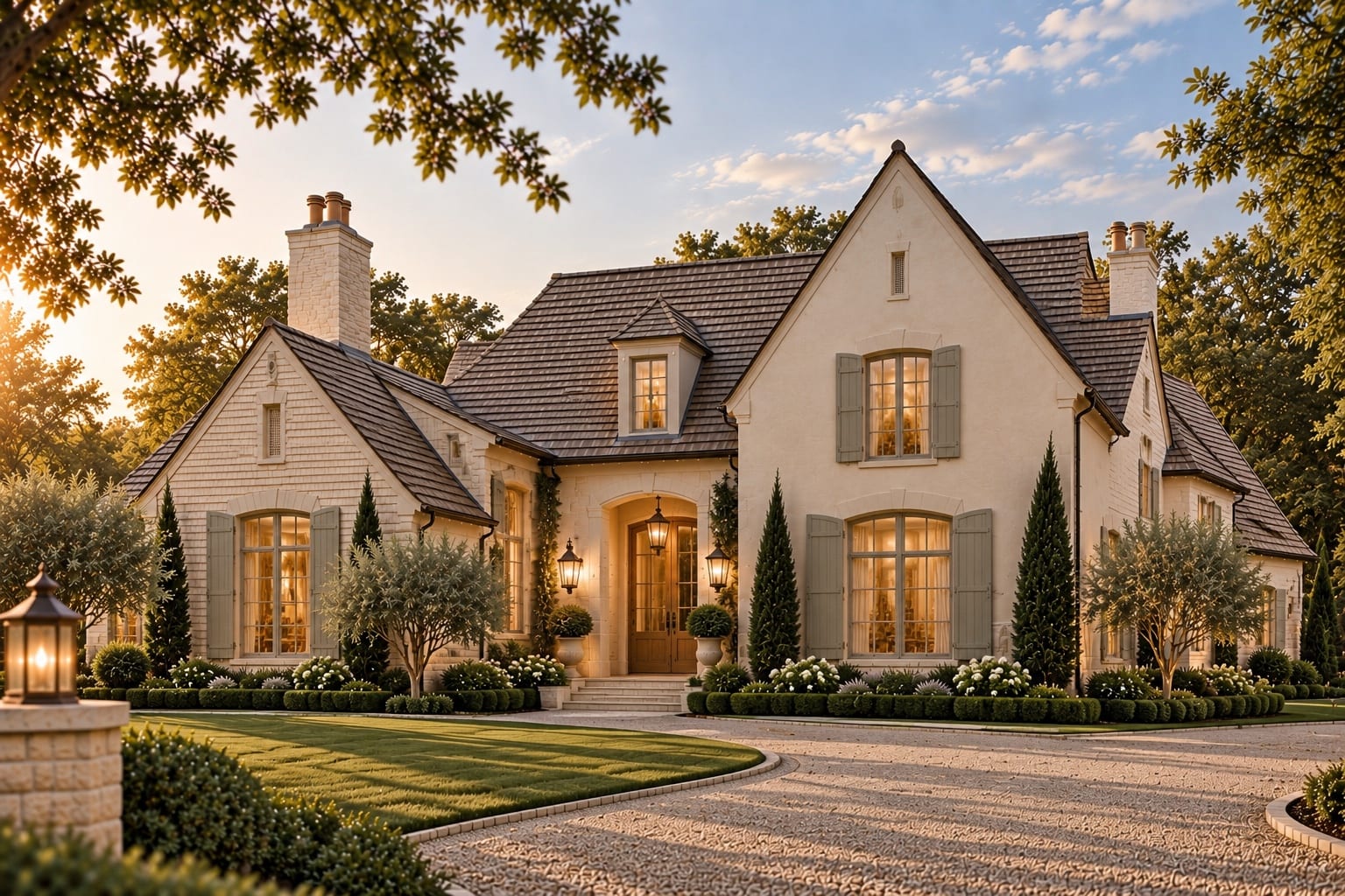 Langford — a quieter, restrained estate expression in ivory masonry, with an arched entrance, dormer, steep slate roof and sage-taupe shutters
