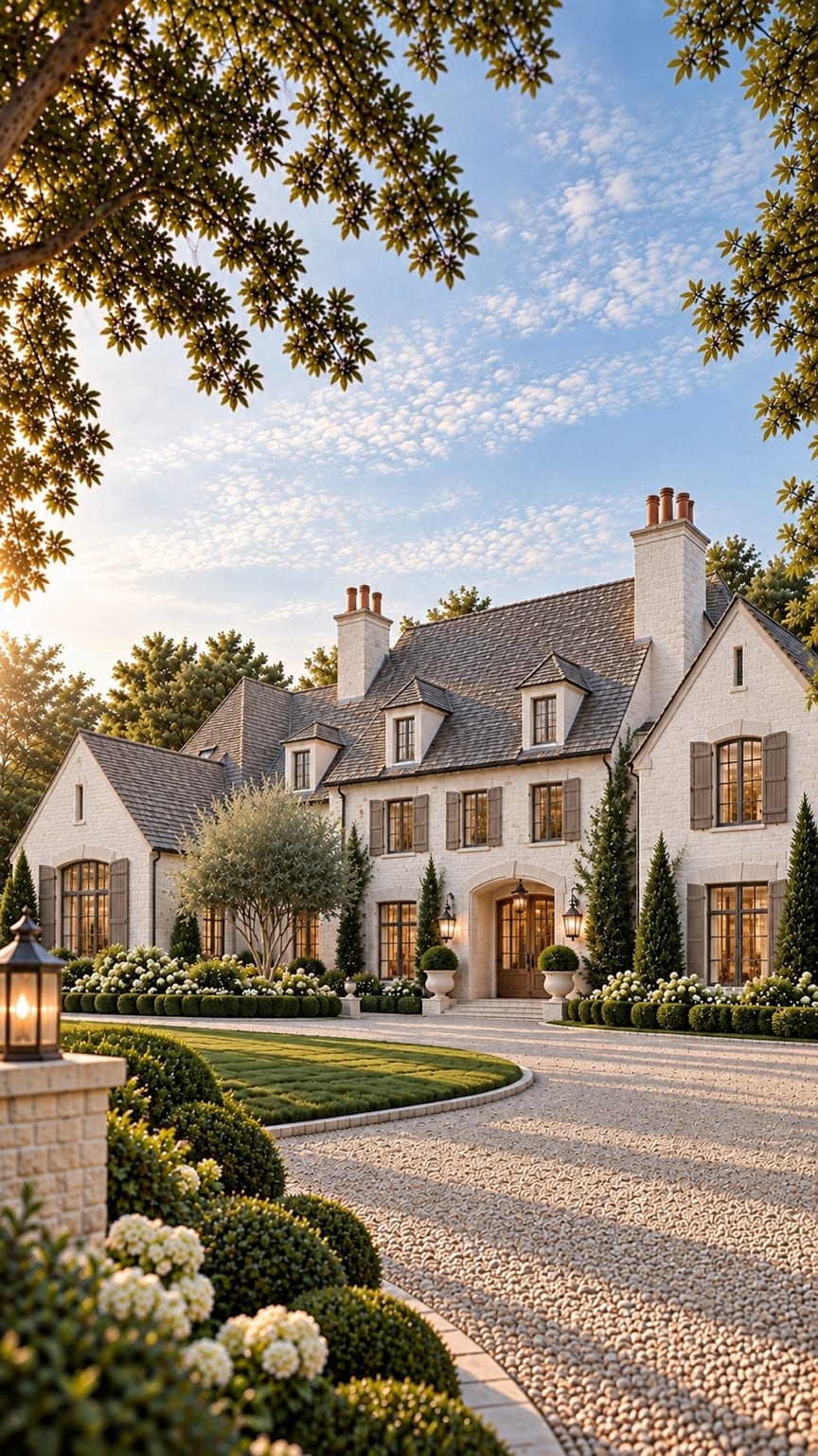 Marlowe — a two-storey estate with a strong vertical architectural read, dormers set into a steep slate roof, tall narrow windows and an arched wood entrance