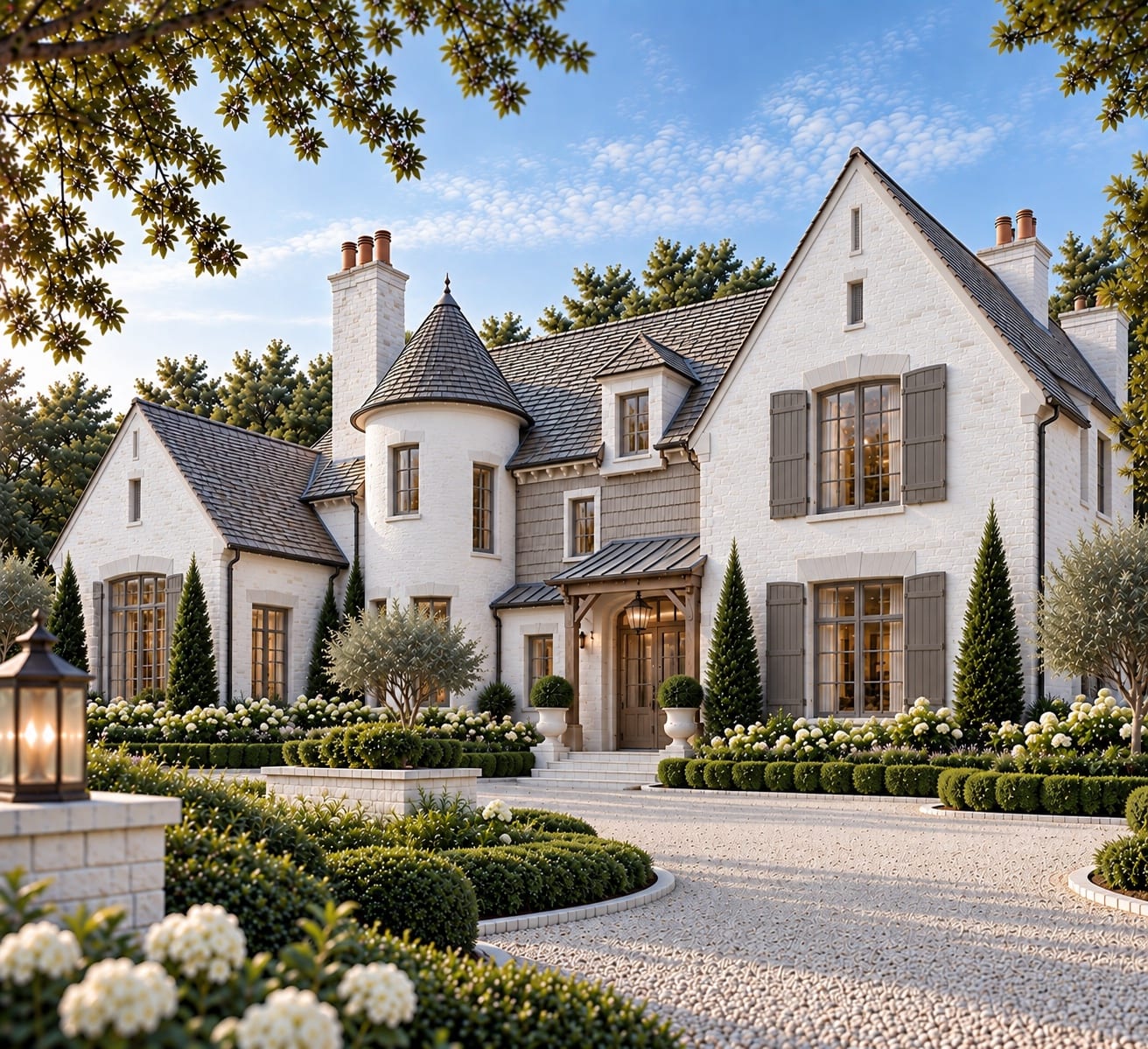Montclair — the strongest Normandy-influenced expression in the collection, with a conical slate-roofed turret, ivory brick, taupe shutters and a standing-seam entry canopy