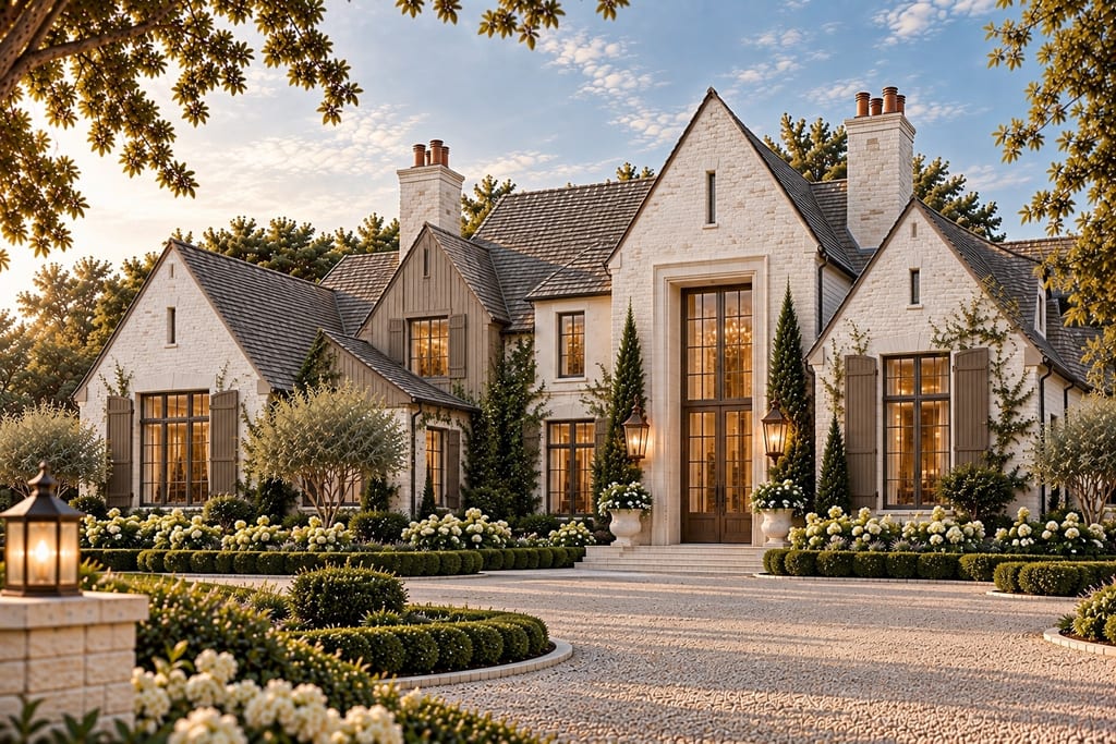 Ivory & Ash — pale ivory masonry, steep charcoal rooflines and European-influenced proportion